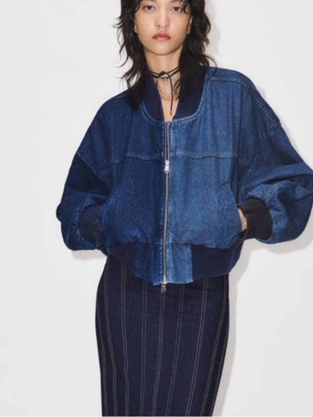 Zara cropped mixed denim bomber jacket